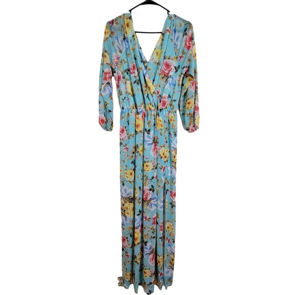 Chic Soul Dresses & Skirts - Chic Soul Mint Floral V-Neck Maxi Dress with Romper Lining & Leg Slits 1X